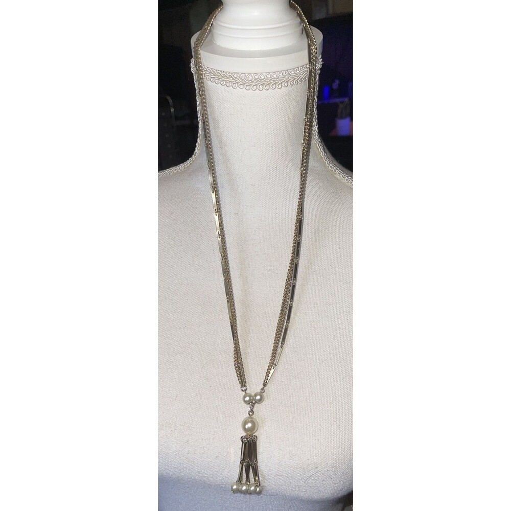 Necklace Gold Tone 3 Layer Chain Faux Pearls Fold Over Clasp Vintage